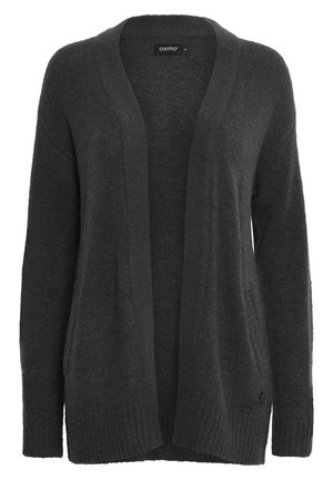Mørkegrå åbenstående cardigan lavet af blød, struktureret strikket stof. Har lange ærmer og ribbet kantdetaljer. Ingen lukninger eller lommer synlige.