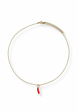 Thin gold chain necklace with a small pendant of five round red beads hanging vertically in the center.