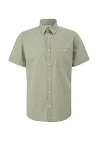 Kurzärmliges Button-Down-Hemd aus hellgrüner Baumwolle mit einem kleinen Blumenmuster in Rot und Weiß, ausgestattet mit einer einzelnen Brusttasche.