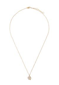 Złoty naszyjnik z łańcuszka z zawieszką w kształcie czterolistnej koniczyny ozdobioną przezroczystymi kamieniami, zaprojektowany z delikatnym łańcuszkiem i zapięciem typu homar.