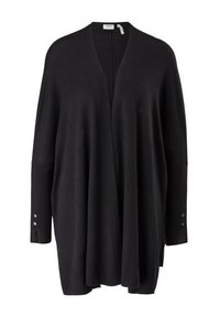 Black knit cardigan with an open front, wide sleeves, and button accents on cuffs. Soft texture and relaxed fit enhance comfort.