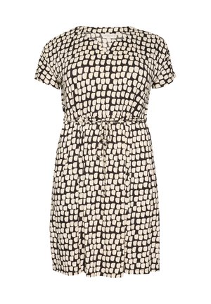 Schwarzes Kleid mit weißem rechteckigen Muster, kurzen Ärmeln, V-Ausschnitt und einem Bindegürtel in der Taille. Leichtgewichtig, lockere Passform.