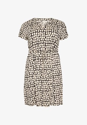 Schwarzes Kleid mit weißem rechteckigen Muster, kurzen Ärmeln, V-Ausschnitt und einem Bindegürtel in der Taille. Leichtgewichtig, lockere Passform.