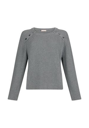Maglione grigio a coste con maniche lunghe, scollo rotondo e decorazioni con bottoni laterali. La texture è morbida e lavorata a maglia, offrendo calore e comfort.