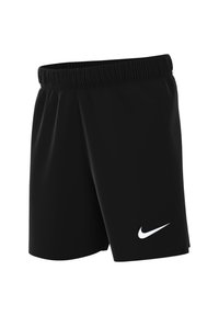 Schwarze Sportshorts mit einem elastischen Bund, featuring ein weißes Nike-Swoosh-Logo auf der unteren linken Seite. Glattes Polyester-Material.