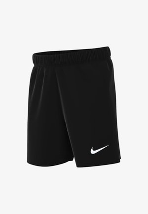 Zwarte sportshorts met een elastische tailleband, met een wit Nike swoosh-logo aan de onderlinkerkant. Glad polyester materiaal.