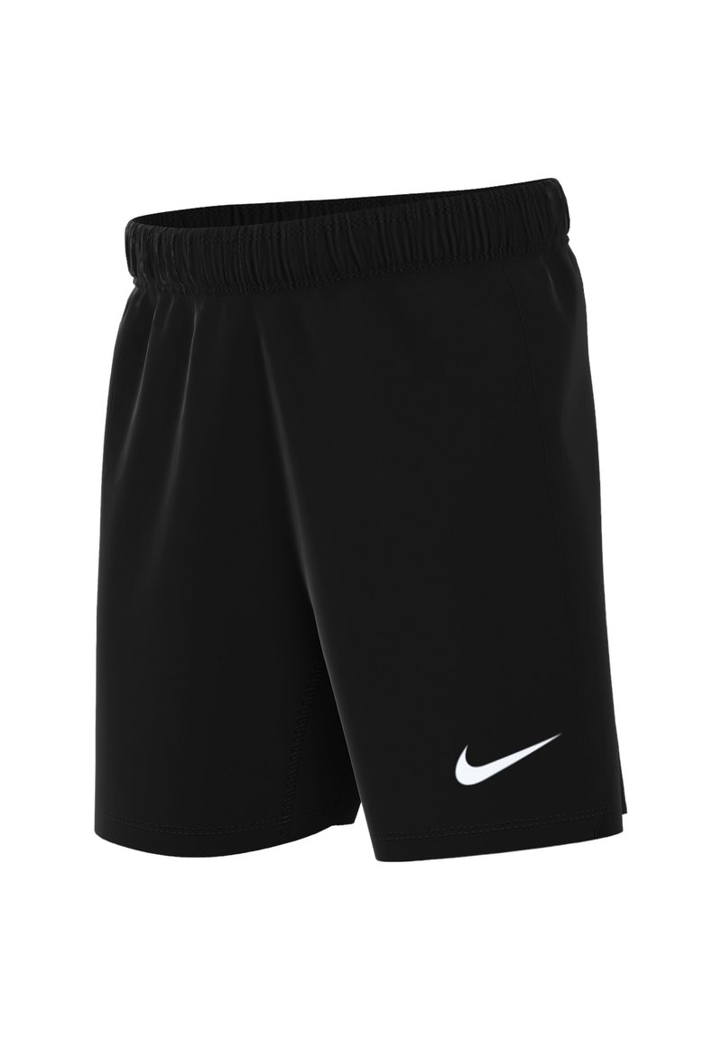 Schwarze Sportshorts mit einem elastischen Bund, featuring ein weißes Nike-Swoosh-Logo auf der unteren linken Seite. Glattes Polyester-Material.