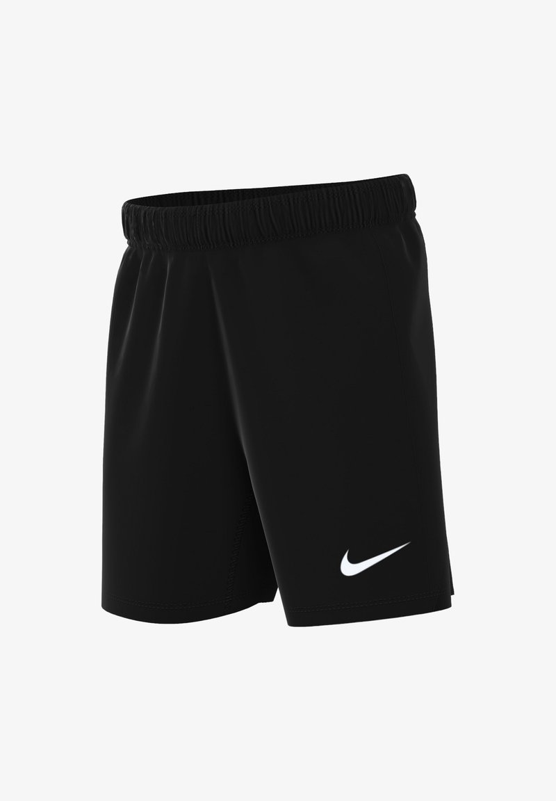 Schwarze Sportshorts mit einem elastischen Bund, featuring ein weißes Nike-Swoosh-Logo auf der unteren linken Seite. Glattes Polyester-Material.