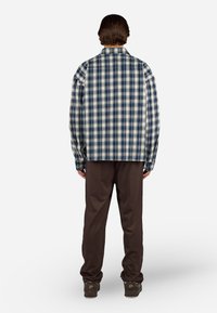 Tjekket flannel skjorte i blå og creme med en boxy pasform, parret med brune bukser og mørke sko. Skjorten har en klassisk krave.
