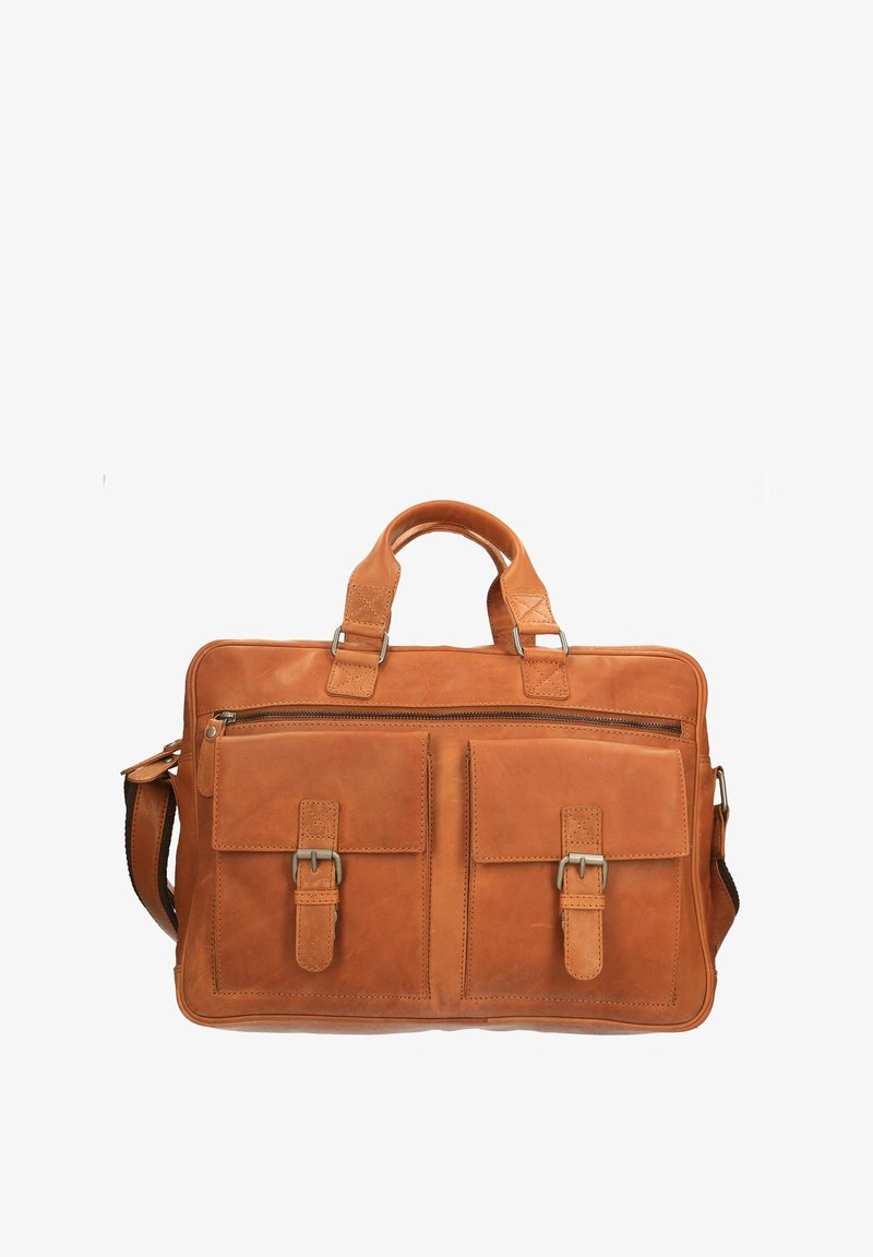 Sac messager en cuir tan avec deux poches avant, une poignée supérieure et une bandoulière réglable. Présente des coutures délicates et des accents en métal.