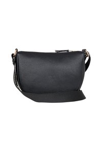 Czarna torba na ramię z teksturowanej skóry, z regulowanym materiałowym paskiem i złotymi akcentami, zamykana na zamek błyskawiczny na górze.