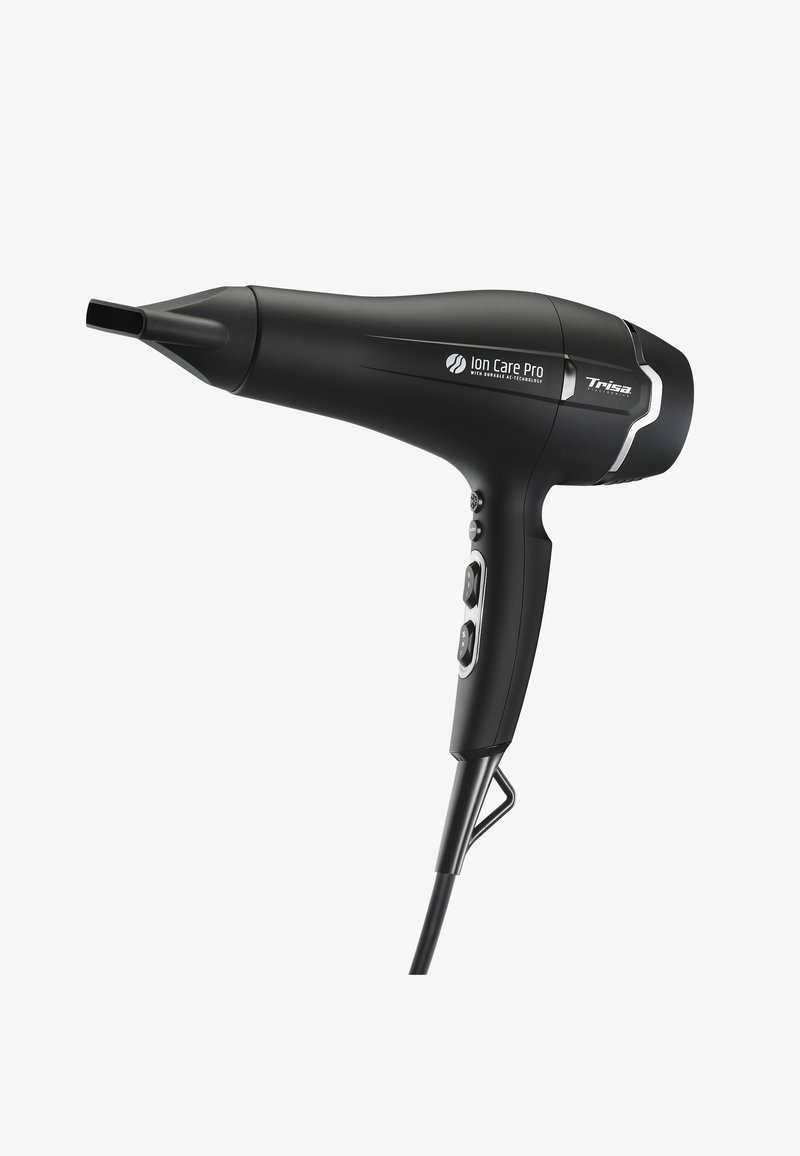 Sèche-cheveux noir avec un embout effilé, manche ergonomique et boutons de contrôle sur le côté. Il présente un design élégant et un filtre amovible.