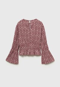 Blusa bordeaux con un motivo floreale, vita smock e maniche a campana. Dettaglio con apertura a chiave sul retro. Tessuto leggero con una consistenza morbida.