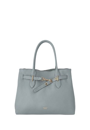 Borsa a mano in pelle azzurro chiaro con due manici, dettagli in metallo color oro e chiusura frontale con cinturino.