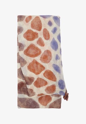 Lekki szalik w kolorze kremowym z dużymi nieregularnymi kształtami w odcieniach rdzy i purpury. Wykończony dekoracyjnym frędzlem.