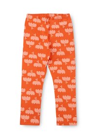 Orange leggings made of soft fabric, featuring a repeating light pink cloud pattern with small detailing. Elastic waistband included.