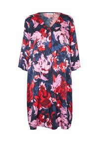 Tunic jurk met bloemenpatroon in donker navy, met grote roze en rode bloemen, V-hals en driekwart mouwen met een lose pasvorm.