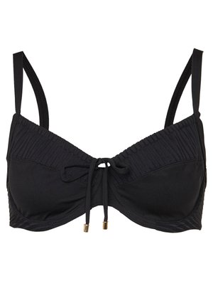 Czarny top bikini z regulowanymi ramiączkami, miękka tkanina i plisowane detale. Posiada zapięcie na troczek z przodu z złotymi metalowymi akcentami.