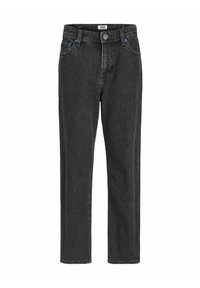 Jeans de mezclilla negra con corte recto, diseño de cinco bolsillos y un ligero desvanecimiento. Presenta cierre de botón de metal y pasadores para cinturón en la cintura.