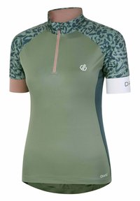 Grön cykeltröja med dragkedja vid kragen, mönstrade korta ärmar och en figursydd design. Har en logotyp på framsidan och varumärkesdetaljer på ärmen.