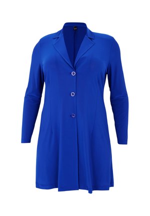 Blazer bleu royal à manches longues avec trois boutons et un col cranté, cintré à la taille et s'évasant légèrement à l'ourlet.