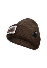 Brown knitted beanie with folded edge featuring a patch of a porcupine and a small black label on the side.