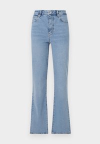 Jeans évasés bleu clair avec une taille haute, fabriqués en denim. Caractéristiques : fermeture à boutons et à zip à l'avant, et couture visible le long des coutures.