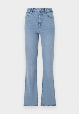 Hellblaue Schlagjeans mit hoher Taille, aus Denim gefertigt. Sie verfügen über einen vorderen Knopf- und Reißverschluss sowie sichtbare Nähte entlang der Seitennähte.