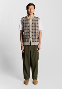 Gilet grigio a motivo sopra una t-shirt bianca, abbinato a pantaloni cargo oliva e scarpe slip-on marroni. Presenta bottoni e un logo.