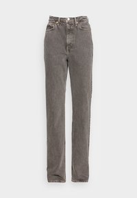 Gray denim jeans with a straight leg design, high waist, and five-pocket style. Features contrasting stitching and metal button accents.