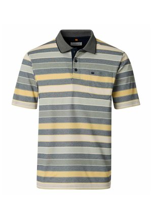 Herren Kurzarm-Poloshirt mit horizontalen Streifen in Grau, Gelb, Weiß, schwarzem Kragen, Knopfleiste und Brusttasche.