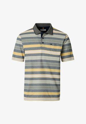 Męska koszulka polo z krótkim rękawem w poziome paski w kolorach szarym, żółtym, białym, z czarnym kołnierzykiem, plisą na guziki i kieszonką na piersi.