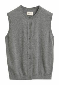 Cardigan senza maniche grigio, realizzato in morbido materiale a maglia, con colletto a coste, cinque bottoni frontali e orlo aderente.