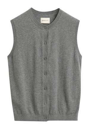 Gray sleeveless cardigan made of soft knit material, featuring a ribbed neckline, five front buttons, and a fitted hem.