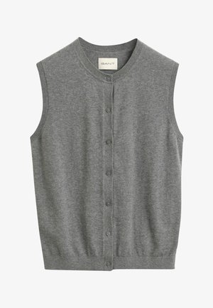Gray sleeveless cardigan made of soft knit material, featuring a ribbed neckline, five front buttons, and a fitted hem.