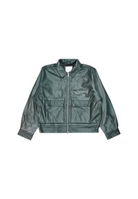 Giacca in pelle verde con zip frontale, colletto a punte e due grandi tasche anteriori, dalla silhouette leggermente accorciata e maniche lunghe.