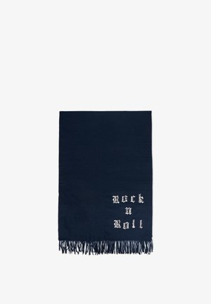 Bufanda azul marino con bordes con flecos, que presenta el texto "Rock n Roll" en blanco en una fuente estilizada y en negrita. Textura suave, forma rectangular.
