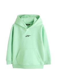 Mint green hoodie with kangaroo pocket and small black abstract logo centered on chest, displayed on white background.