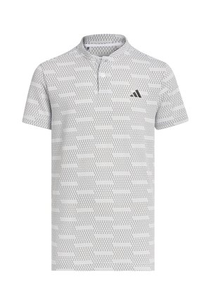 Męska biała koszulka polo z krótkim rękawem, z czarnym przerywanym poziomym wzorem i małym logo Adidas na piersi.