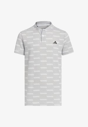 Męska biała koszulka polo z krótkim rękawem, z czarnym przerywanym poziomym wzorem i małym logo Adidas na piersi.