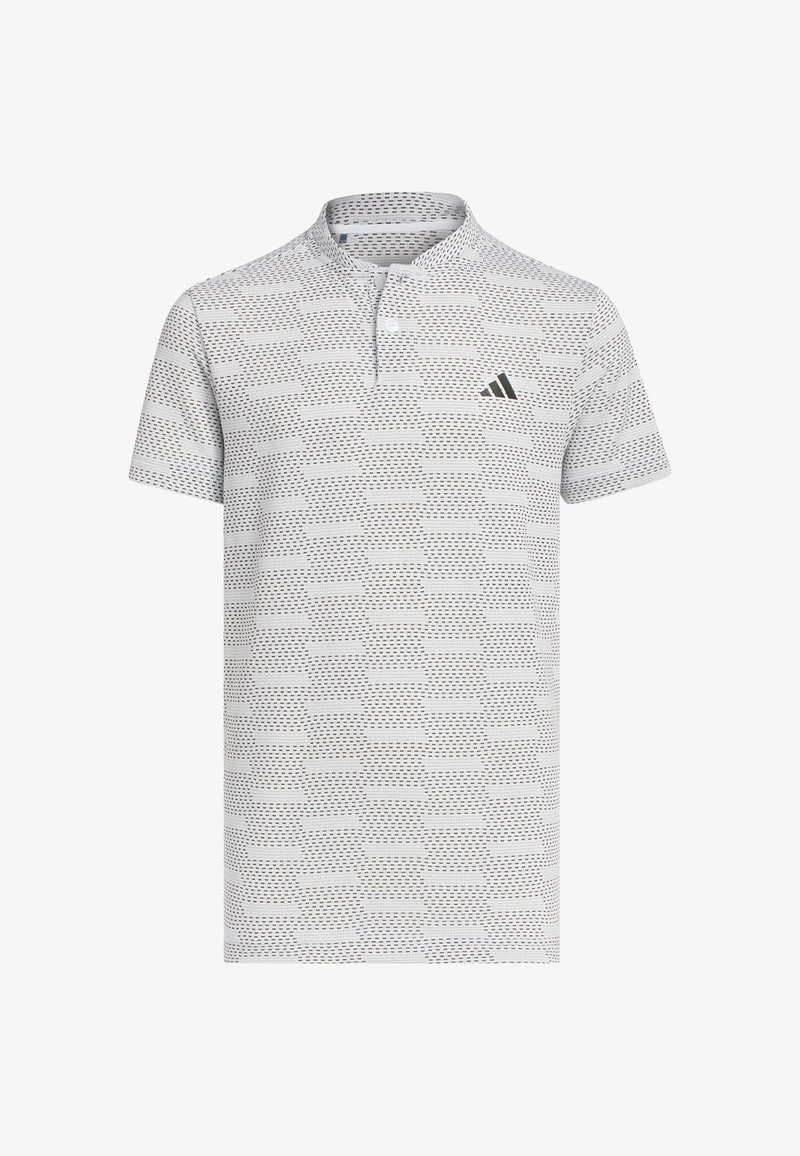 Polo blanc à manches courtes pour homme avec motif horizontal noir en tirets et petit logo Adidas sur la poitrine.