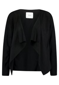 Cardigan noir ouvert sur le devant avec un col drapé et des manches longues. Confectionné dans un tissu lisse avec une légère brillance, offrant une coupe décontractée et fluide.