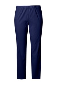 Marineblaue, gerade geschnittene Hose mit elastischem Bund und Seitentaschen, auf weißem Hintergrund dargestellt.