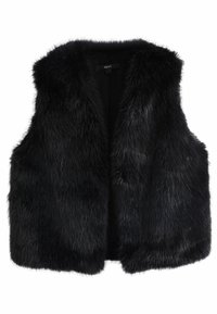 Gilet in pelliccia sintetica nera con design senza maniche, caratterizzato da una texture morbida e un orlo arrotondato. Etichetta interna con la scritta "NEXT."