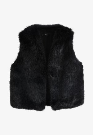 Black faux fur vest with a sleeveless design, featuring a soft texture and a rounded hem. Label inside reads "NEXT."