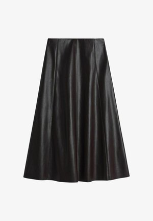 Jupe en A en cuir noir avec une texture lisse, arborant des coutures verticales et un ourlet fluide. Sans fermetures ni embellissements visibles.
