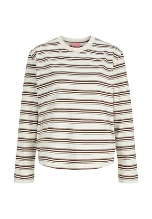 Haut à manches longues rayé crème avec des rayures horizontales marron. Encolure ronde, matière en coton, coupe décontractée et fentes latérales à l'ourlet.
