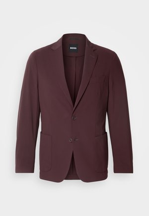 Burgundy blazer with notch lapels, two front pockets, and button closure; made from smooth fabric for a tailored fit.