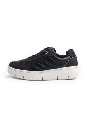 Black athletic shoe featuring a textured leather upper, contrasting smooth accents, lace-up closure, and a thick white sole with ridges.