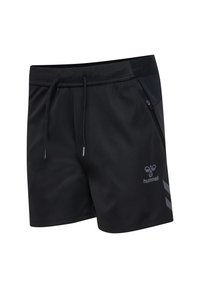 Zwarte sportshorts met een trekkoord, zijzak en grijs logo. Gemaakt van een zachte, lichte stof met subtiele strepen aan de zijkant.